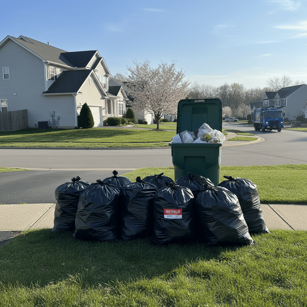 Full trash bags waiting at end of suburban driveway on collection day
