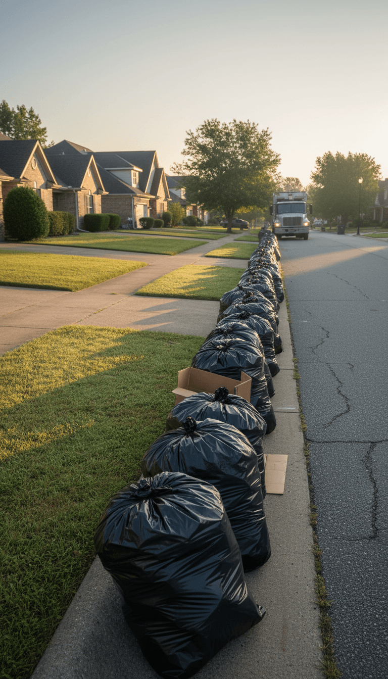 Black trash bags lined up on a residential curb ready for pickup