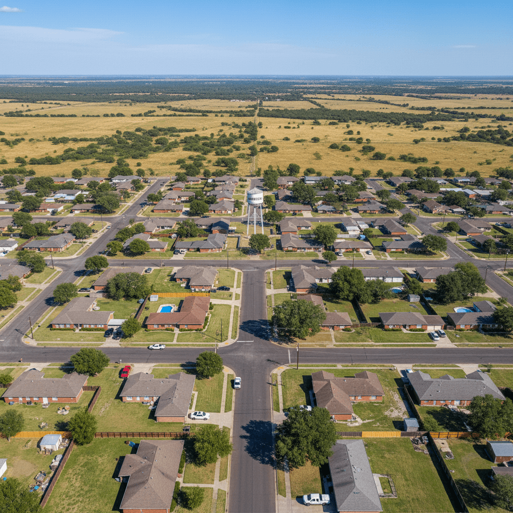 Aerial view of small Texas town with houses and quiet streets