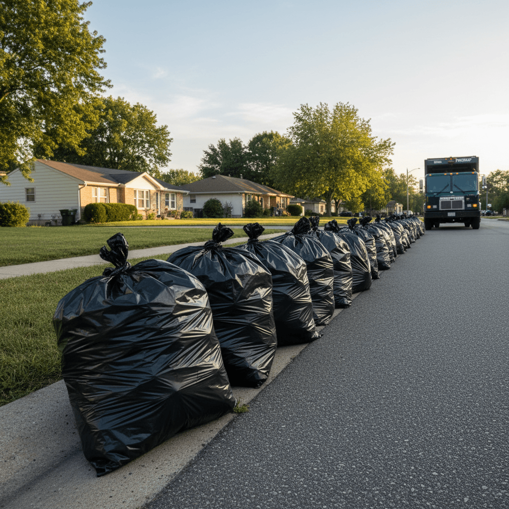 Tied black trash bags lined up on curbside for weekly pickup