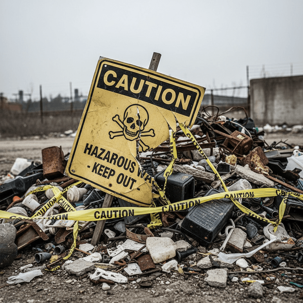 Torn warning sign on rubbish pile with caution tape