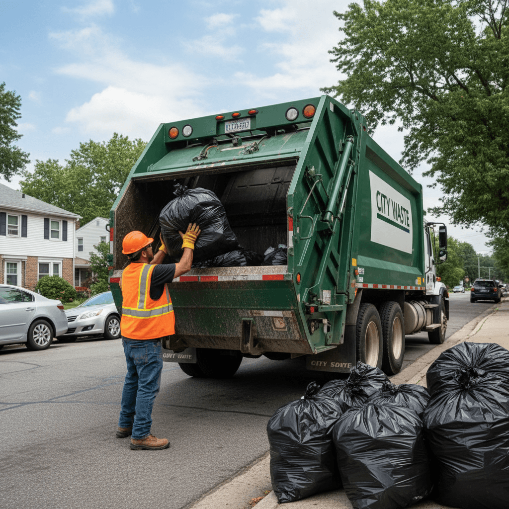 Worker in safety vest loading tied trash bags into garbage truck