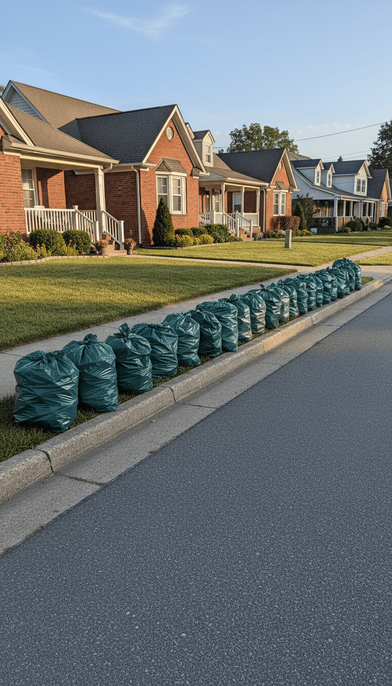 Bagged household trash set out on curb for weekly pickup