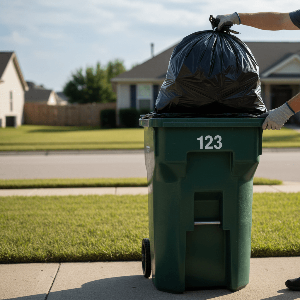 Household trash bag being placed into curbside trash bin