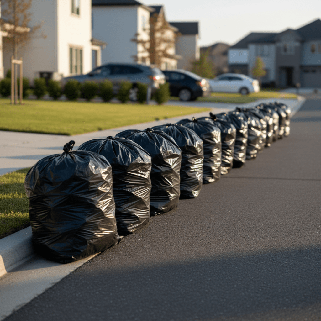 Black trash bags sitting at the curb