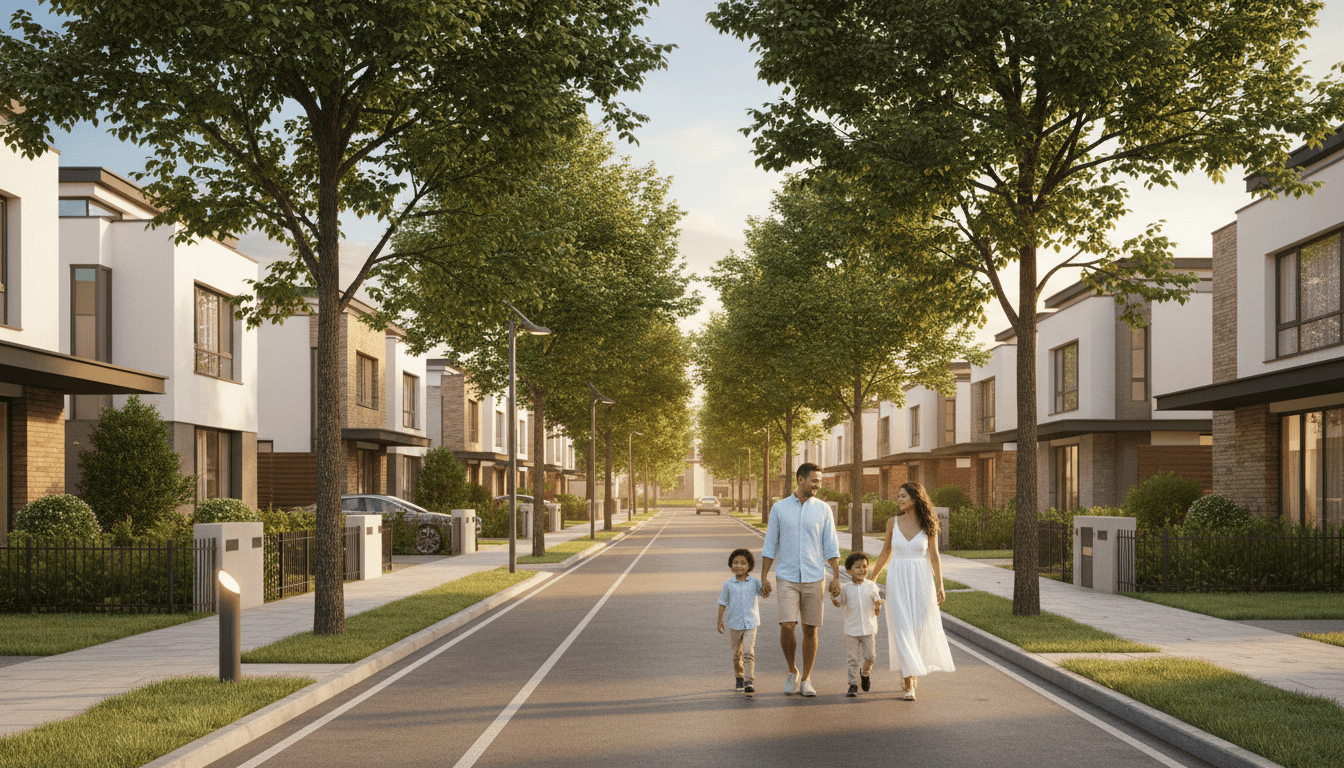 Peaceful suburban neighborhood street lined with homes and lush green lawns