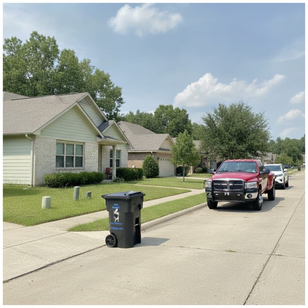 Black trash bin on a suburban street curb next to a red pickup truck.